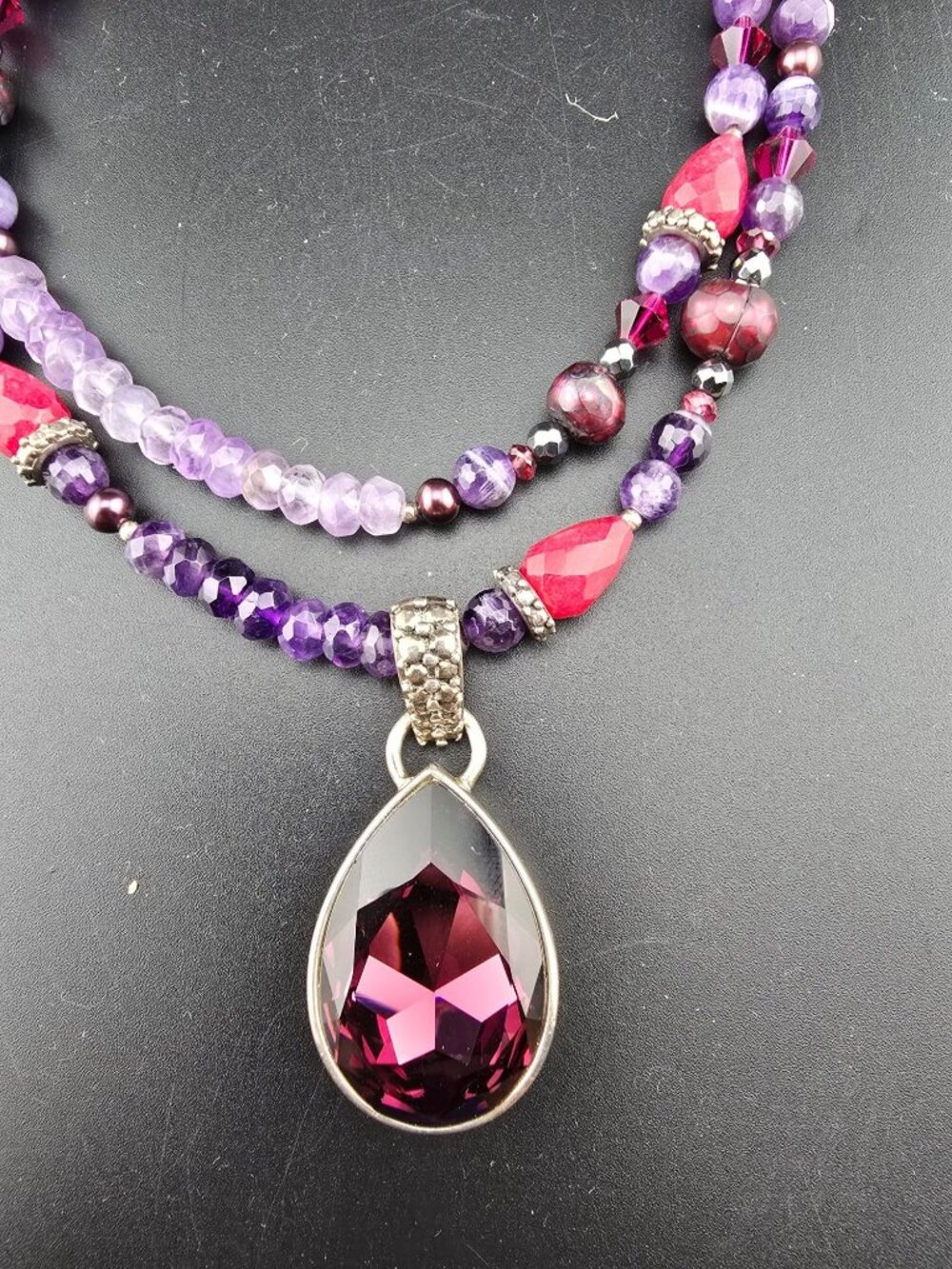 Barse 925 Sterling Silver Purple & Red Faceted Double Strand Necklace 62 grams - Picture 2 of 13